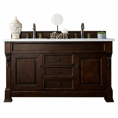 JAMES MARTIN VANITIES Brookfield 60in Double Vanity, Burnished Mahogany w/ 3 CM Arctic Fall Solid Surface Top 147-114-5661-3AF